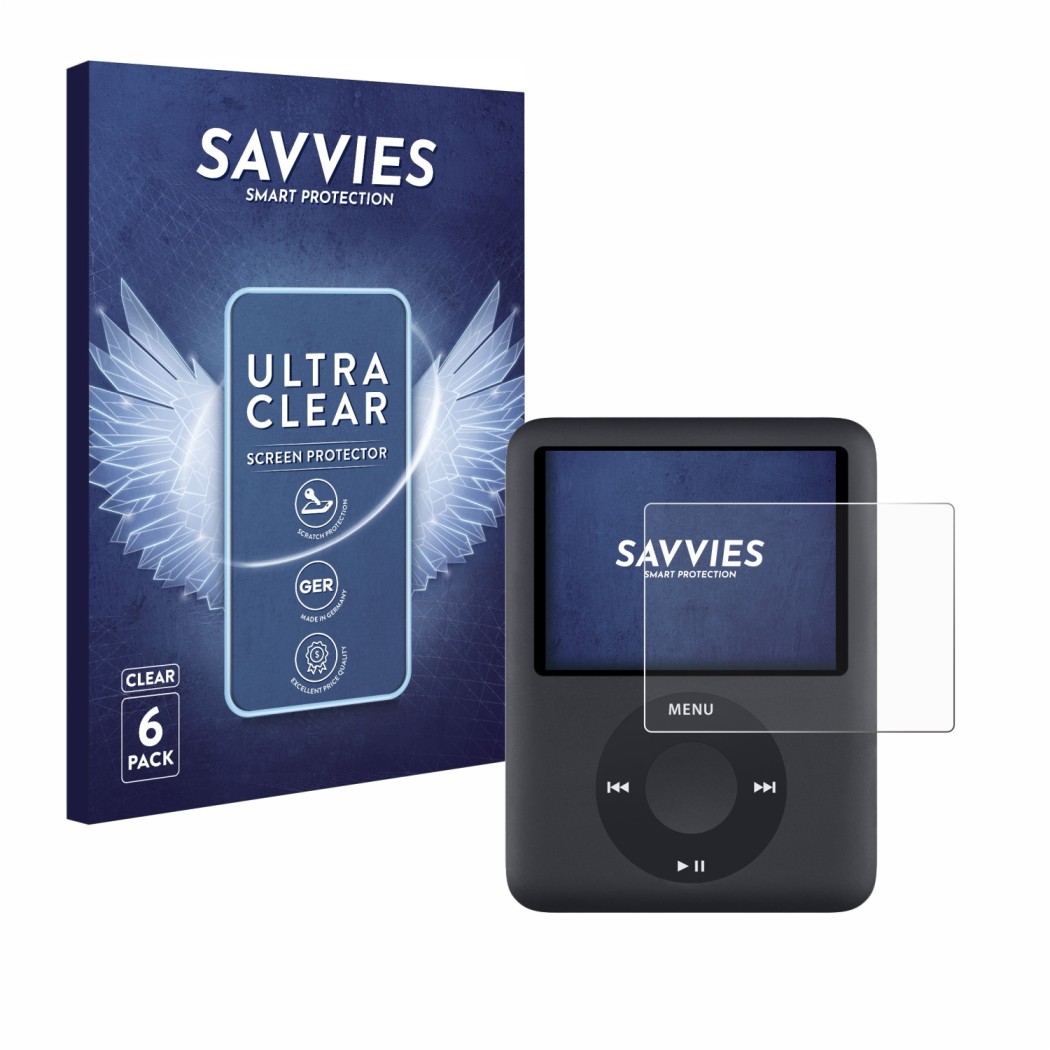 Parte frontal de un envase de producto con el logotipo de la marca Savvies. Al lado se muestra el dispositivo Apple iPod nano 