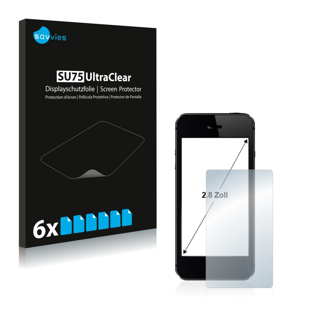 Vorderseite einer Produktverpackung mit dem Markenlogo Savvies. Daneben ist das Gerät mit dem zugehörigen Displayschutz abgebi