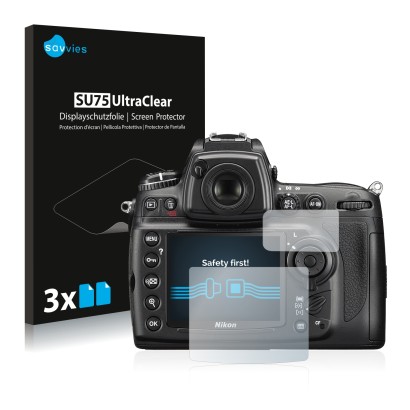 Front side of a product packaging with the brand logo Savvies. Next to it is the device Nikon D700 shown with the correspondin