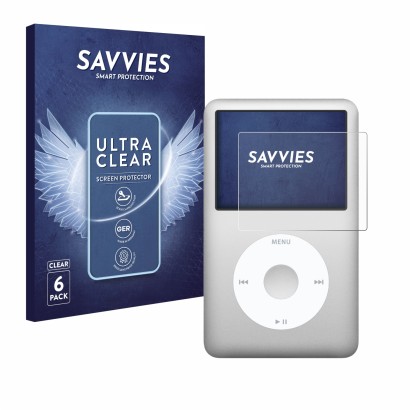 Front side of a product packaging with the brand logo Savvies. Next to it is the device Apple iPod classic 160 GB (7th Gen.) s