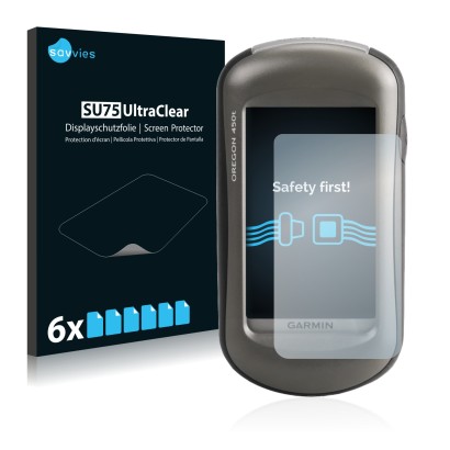 Front side of a product packaging with the brand logo Savvies. Next to it is the device Garmin Oregon 450 shown with the corre