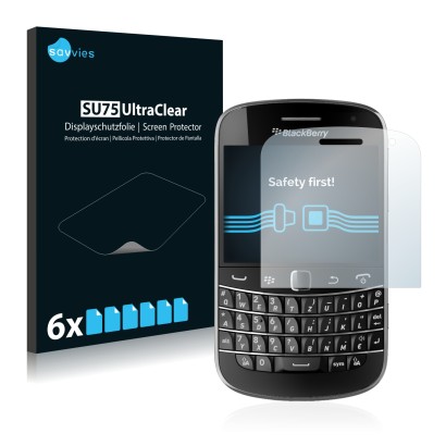 Front side of a product packaging with the brand logo Savvies. Next to it is the device RIM BlackBerry Bold Touch 9900 shown w