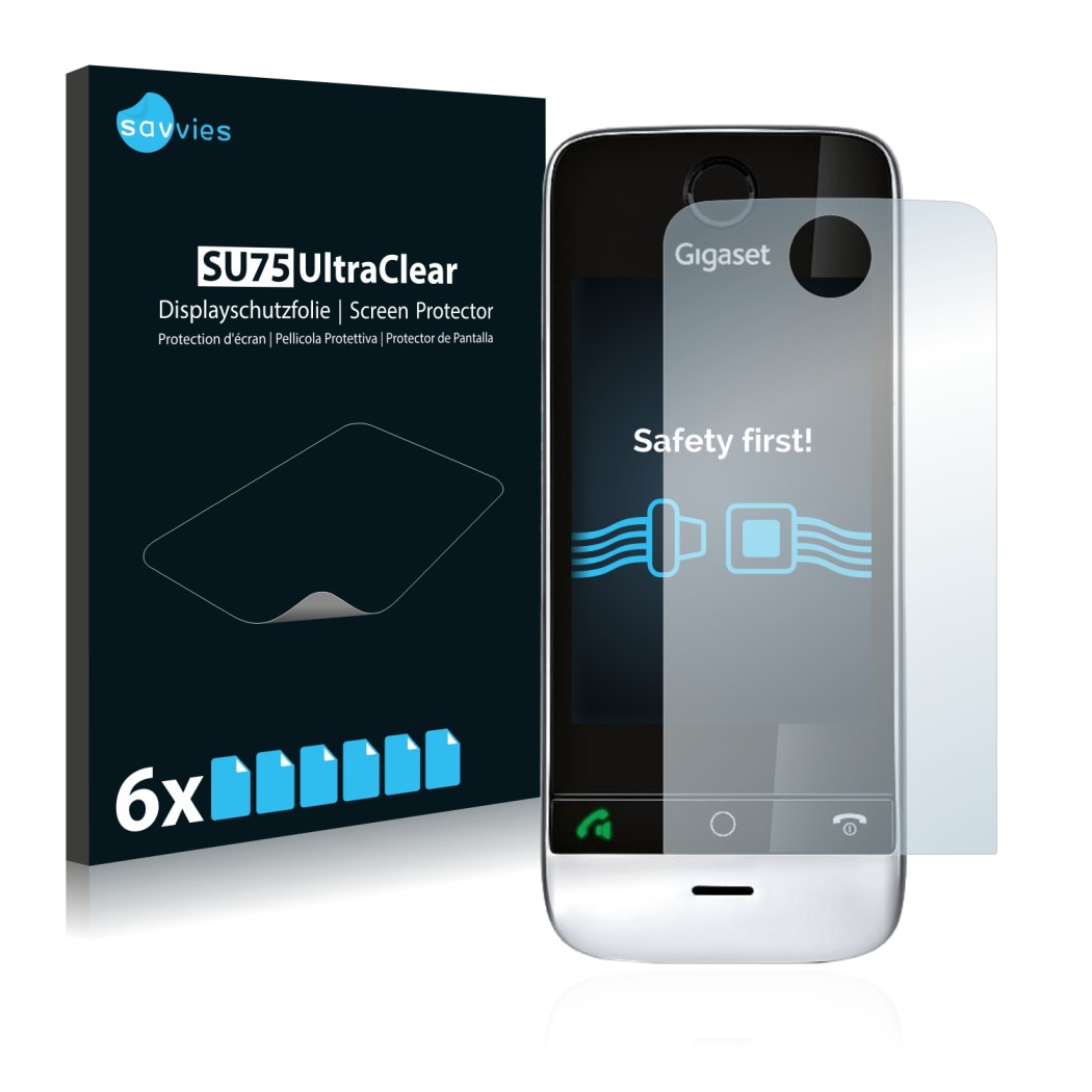 Front side of a product packaging with the brand logo Savvies. Next to it is the device Gigaset SL910 (circular cutout) shown 