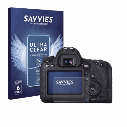 Face avant d’un emballage produit avec le logo de la marque Savvies. À côté, l’appareil Canon EOS 6D est représenté avec la pr