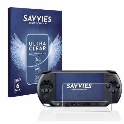 Face avant d’un emballage produit avec le logo de la marque Savvies. À côté, l’appareil Sony PSP 1004 est représenté avec la p