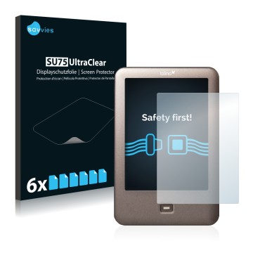 Face avant d’un emballage produit avec le logo de la marque Savvies. À côté, l’appareil Tolino Shine est représenté avec la pr