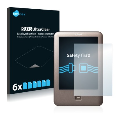 Front side of a product packaging with the brand logo Savvies. Next to it is the device Tolino Shine shown with the correspond