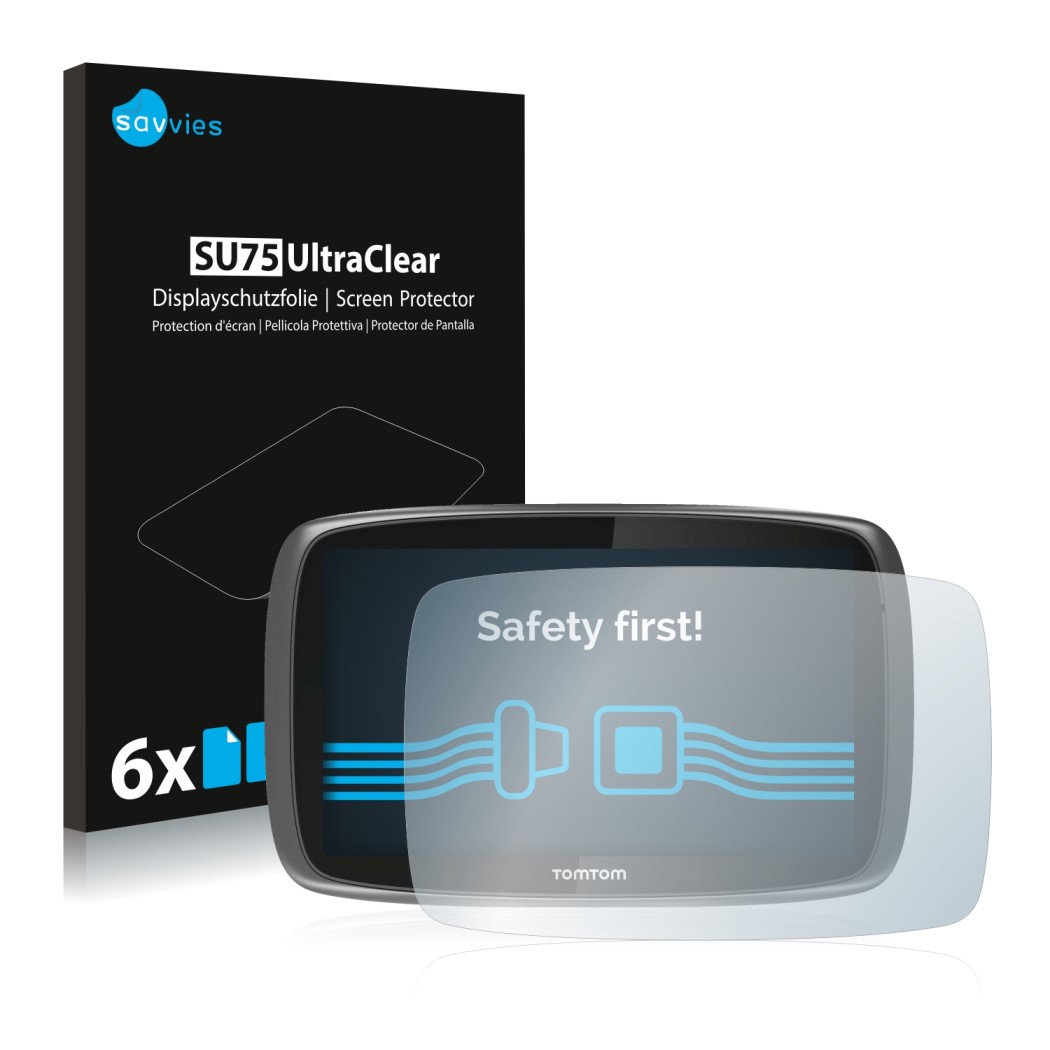 Front side of a product packaging with the brand logo Savvies. Next to it is the device TomTom GO 600 shown with the correspon