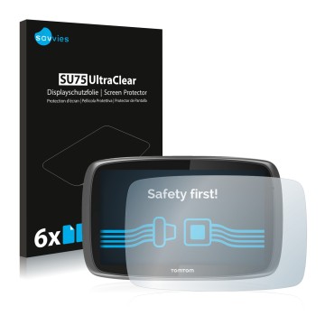 Front side of a product packaging with the brand logo Savvies. Next to it is the device TomTom GO 600 shown with the correspon