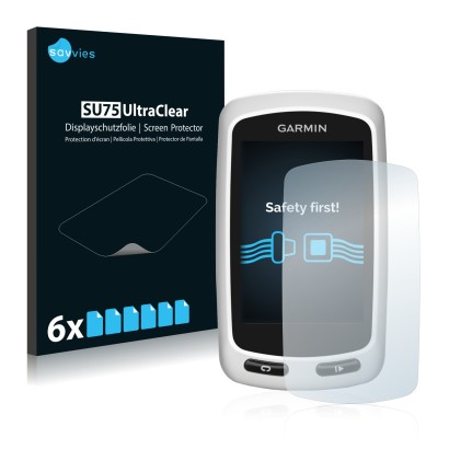 Front side of a product packaging with the brand logo Savvies. Next to it is the device Garmin Edge Touring Plus shown with th