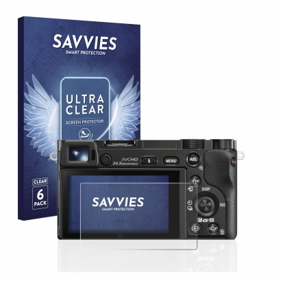Front side of a product packaging with the brand logo Savvies. Next to it is the device Sony Alpha 6000 shown with the corresp