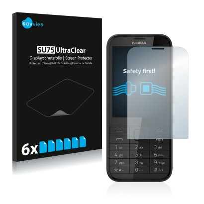 Front side of a product packaging with the brand logo Savvies. Next to it is the device Nokia 225 shown with the corresponding