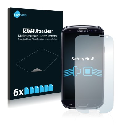 Face avant d’un emballage produit avec le logo de la marque Savvies. À côté, l’appareil Samsung Galaxy S3 Neo I9300I est repré