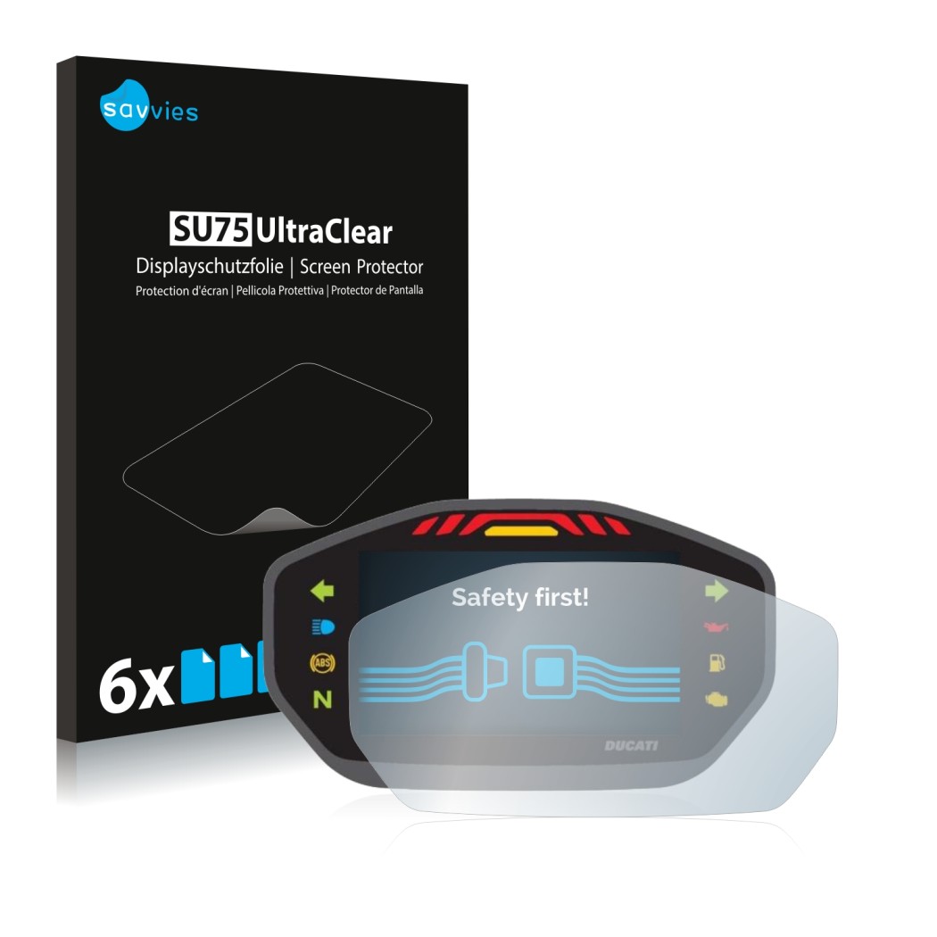 Front side of a product packaging with the brand logo Savvies. Next to it is the device Ducati Monster 1200S Colour-TFT-Displa