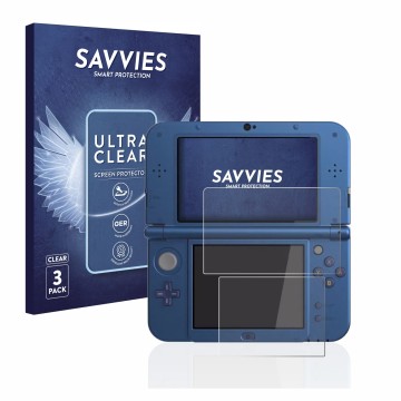 Face avant d’un emballage produit avec le logo de la marque Savvies. À côté, l’appareil Nintendo New 3DS XL est représenté ave