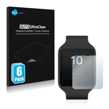 Front side of a product packaging with the brand logo Savvies. Next to it is the device Sony Smartwatch 3 SWR50 shown with the