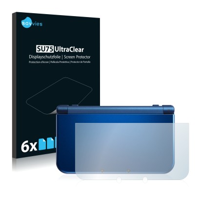 Face avant d’un emballage produit avec le logo de la marque Savvies. À côté, l’appareil Nintendo New 3DS XL (boîtier) est repr