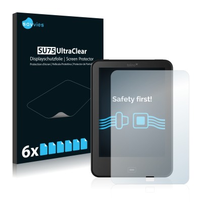 Parte frontal de un envase de producto con el logotipo de la marca Savvies. Al lado se muestra el dispositivo Tolino Vision 2 