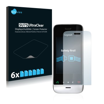 Vorderseite einer Produktverpackung mit dem Markenlogo Savvies. Daneben ist das Gerät Gigaset SL910 (längliche Aussparung) mit