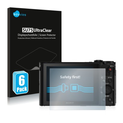 Face avant d’un emballage produit avec le logo de la marque Savvies. À côté, l’appareil Sony Cyber-Shot DSC-HX90 est représent