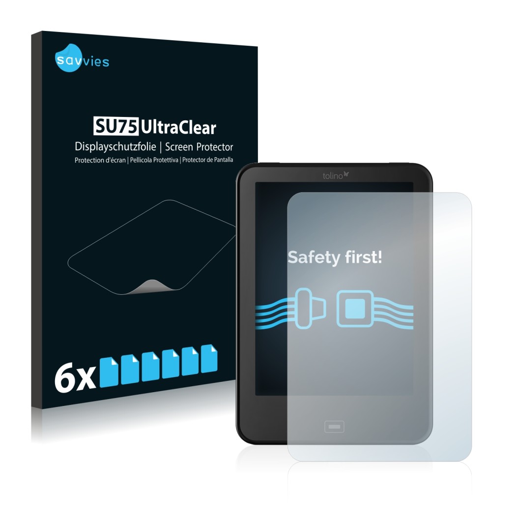 Parte frontal de un envase de producto con el logotipo de la marca Savvies. Al lado se muestra el dispositivo Tolino Vision 3 