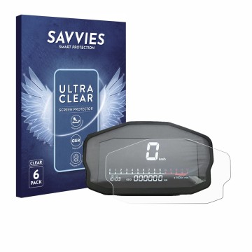 Front side of a product packaging with the brand logo Savvies. Next to it is the device Ducati Panigale 1199 Speedometer displ