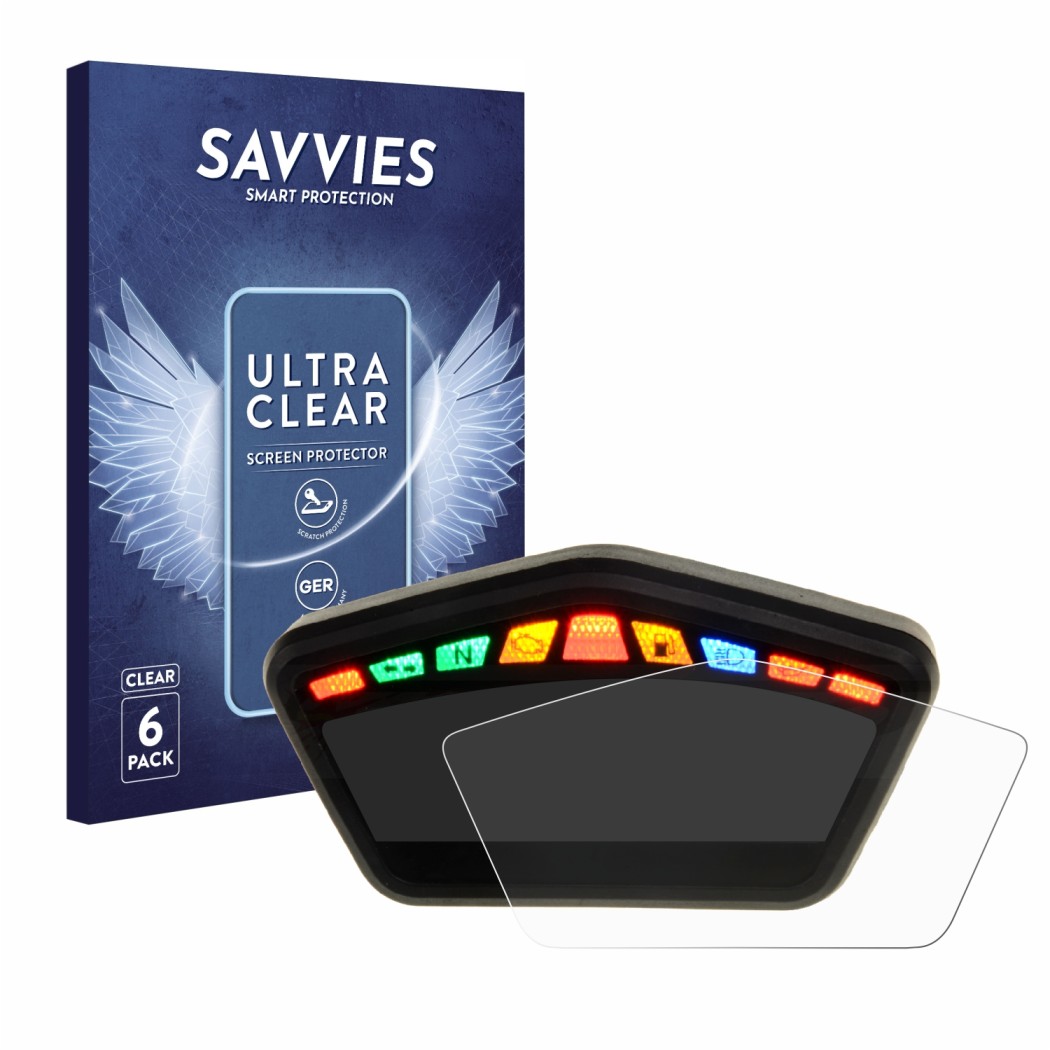 Vorderseite einer Produktverpackung mit dem Markenlogo Savvies. Daneben ist das Gerät Ducati Hypermotard 821 2015 Tachoanzeige