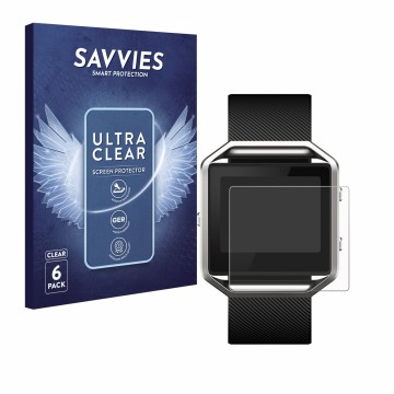 Parte frontal de un envase de producto con el logotipo de la marca Savvies. Al lado se muestra el dispositivo Fitbit Blaze con