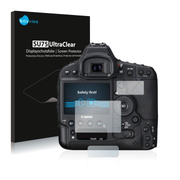 Face avant d’un emballage produit avec le logo de la marque Savvies. À côté, l’appareil Canon EOS 1D X Mark II est représenté 