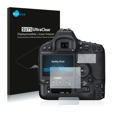 Front side of a product packaging with the brand logo Savvies. Next to it is the device Canon EOS 1D X Mark II shown with the 