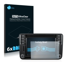 Front side of a product packaging with the brand logo Savvies. Next to it is the device Volkswagen T6 2016 Discover Media Plus