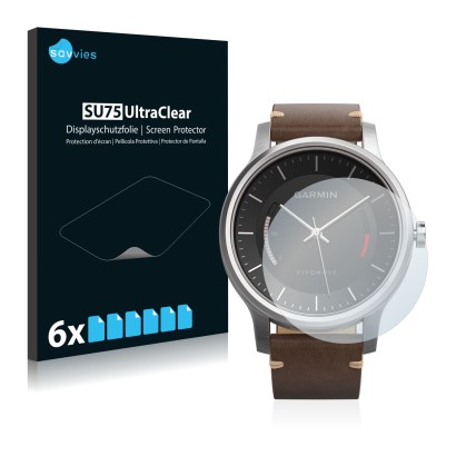 Face avant d’un emballage produit avec le logo de la marque Savvies. À côté, l’appareil Garmin vivomove est représenté avec la