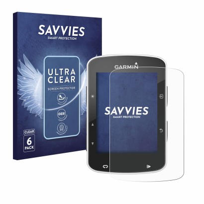 Front side of a product packaging with the brand logo Savvies. Next to it is the device Garmin Edge 820 shown with the corresp