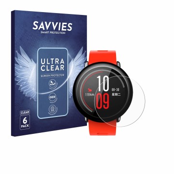 Vorderseite einer Produktverpackung mit dem Markenlogo Savvies. Daneben ist das Gerät Huami Amazfit Pace mit dem zugehörigen D