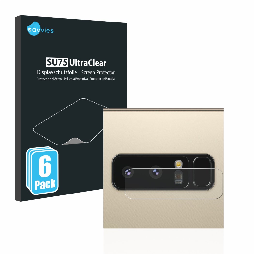 Face avant d’un emballage produit avec le logo de la marque Savvies. À côté, l’appareil Samsung Galaxy Note 8 (Caméra UNIQUEME