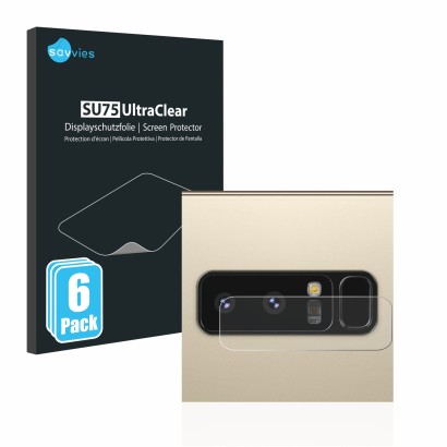 Face avant d’un emballage produit avec le logo de la marque Savvies. À côté, l’appareil Samsung Galaxy Note 8 (Caméra UNIQUEME