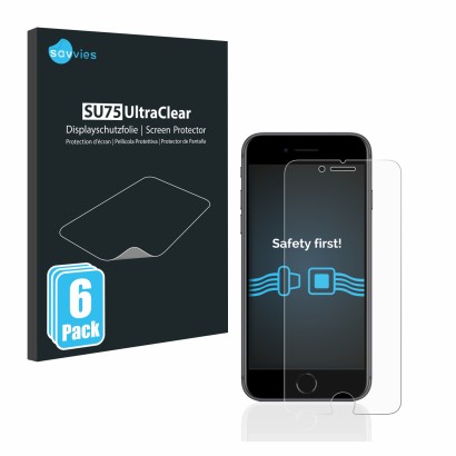 Front side of a product packaging with the brand logo Savvies. Next to it is the device Apple iPhone 8 shown with the correspo