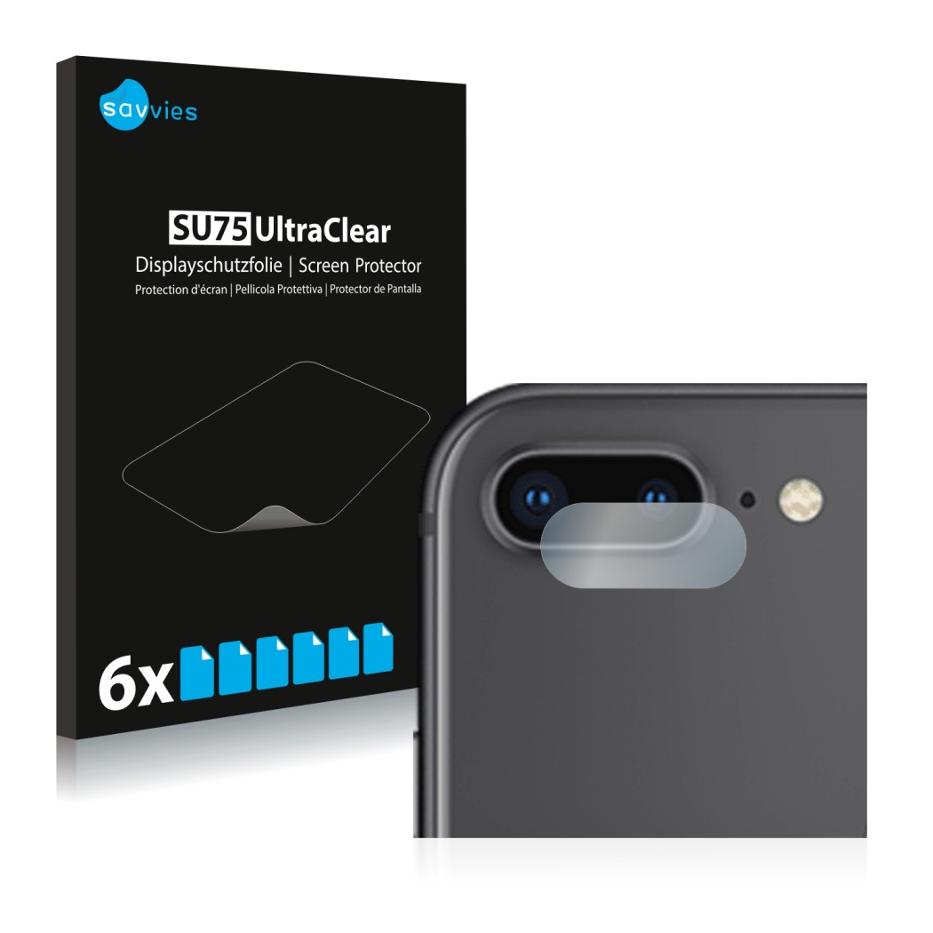 Front side of a product packaging with the brand logo Savvies. Next to it is the device Apple iPhone 8 Plus (ONLY Camera Lens)