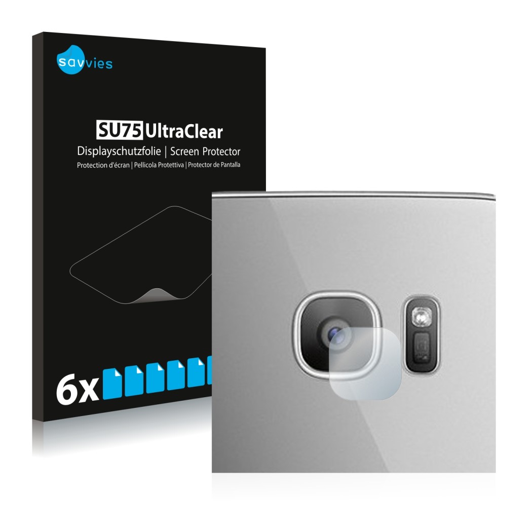 Face avant d’un emballage produit avec le logo de la marque Savvies. À côté, l’appareil Samsung Galaxy S7 Edge (Caméra UNIQUEM