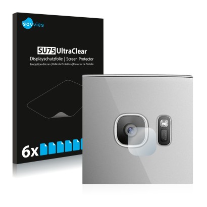 Face avant d’un emballage produit avec le logo de la marque Savvies. À côté, l’appareil Samsung Galaxy S7 Edge (Caméra UNIQUEM