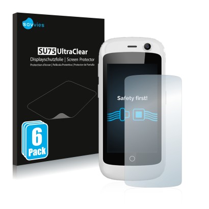 Front side of a product packaging with the brand logo Savvies. Next to it is the device Unihertz Jelly Pro shown with the corr