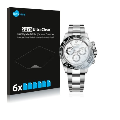 Front side of a product packaging with the brand logo Savvies. Next to it is the device Rolex Cosmograph Daytona (40 mm) shown