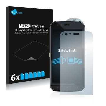 Vorderseite einer Produktverpackung mit dem Markenlogo Savvies. Daneben ist das Gerät Caterpillar Cat S61 mit dem zugehörigen 