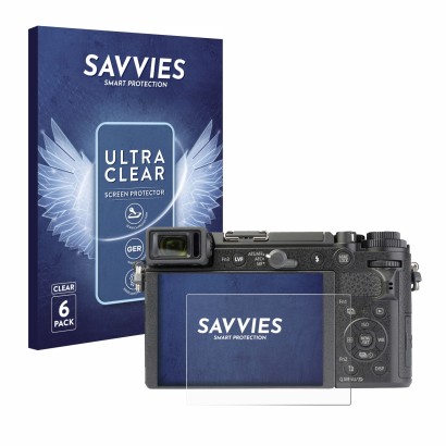 Front side of a product packaging with the brand logo Savvies. Next to it is the device Panasonic Lumix DC-GX9 shown with the 