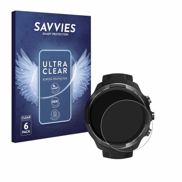 Vorderseite einer Produktverpackung mit dem Markenlogo Savvies. Daneben ist das Gerät Suunto 9 mit dem zugehörigen Displayschu