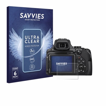 Front side of a product packaging with the brand logo Savvies. Next to it is the device Nikon Coolpix P1000 shown with the cor