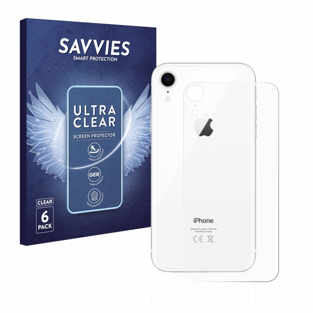 Vorderseite einer Produktverpackung mit dem Markenlogo Savvies. Daneben ist das Gerät Apple iPhone XR (Rückseite) mit dem zuge