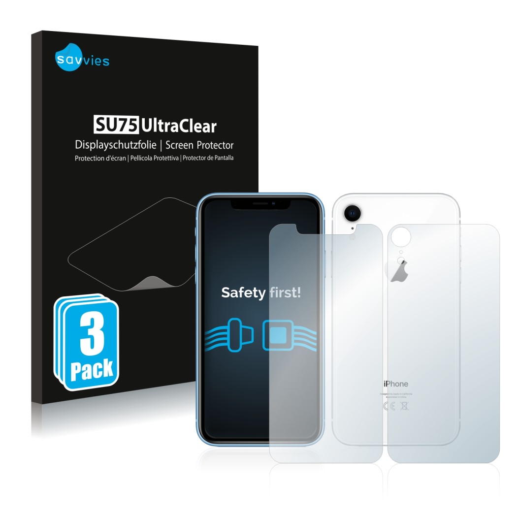 Parte frontale di una confezione del prodotto con il logo del marchio Savvies. Accanto è raffigurato il dispositivo Apple iPho