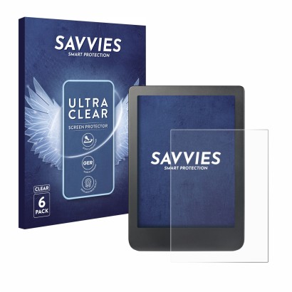 Face avant d’un emballage produit avec le logo de la marque Savvies. À côté, l’appareil Kobo Clara HD (6