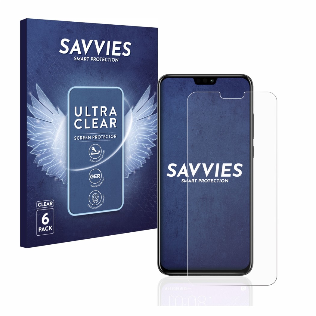 Front side of a product packaging with the brand logo Savvies. Next to it is the device Honor 8X shown with the corresponding 